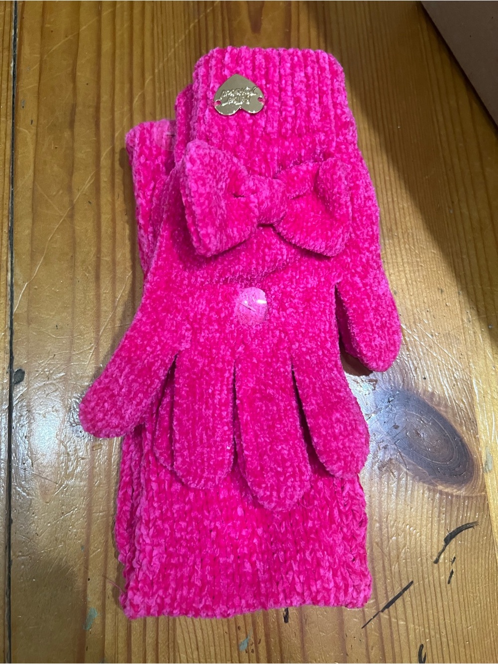 Pink Chenille Bow Gloves with Gold Heart Logo Betsey Johnson